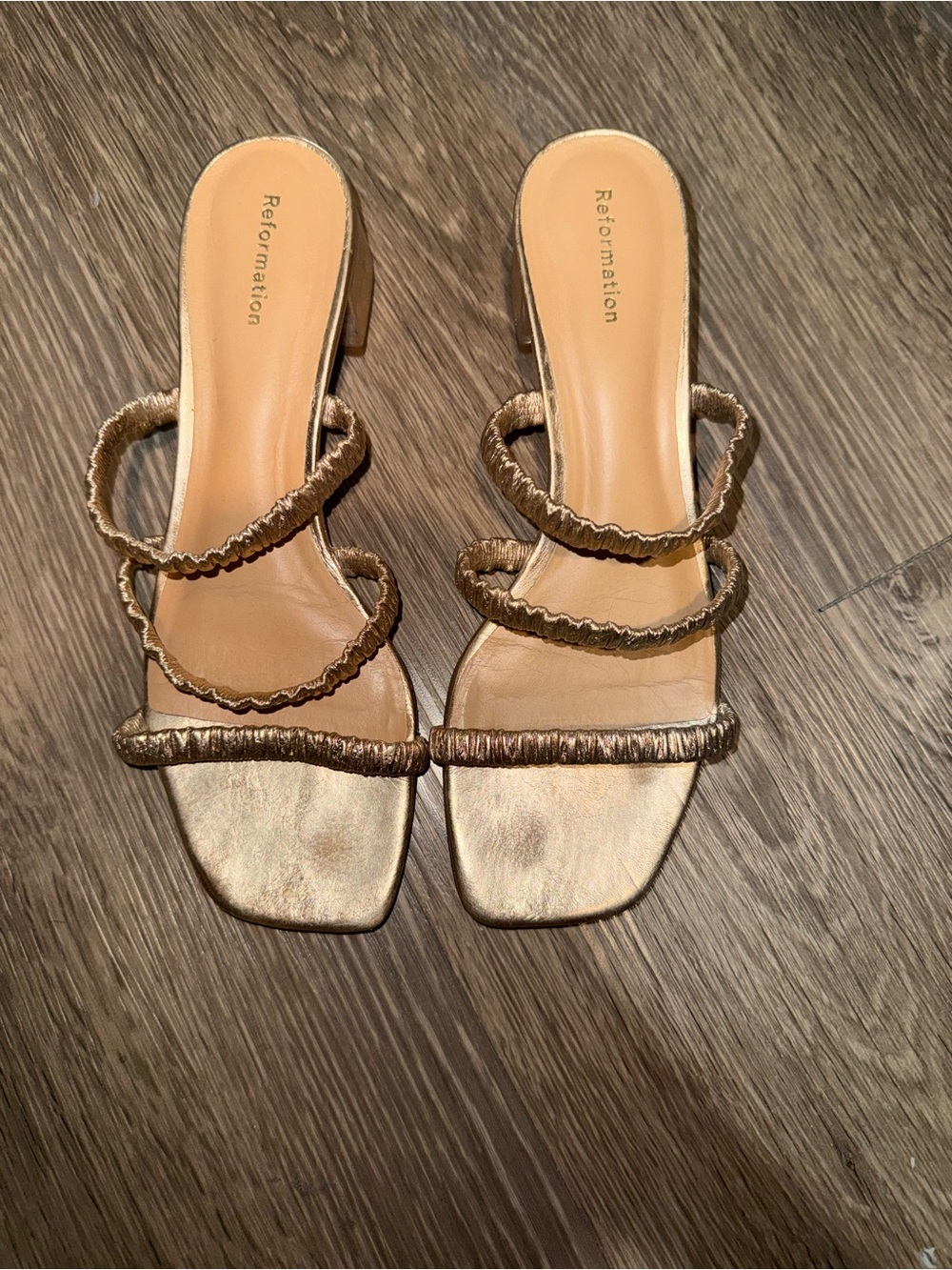 Reformation Metallic Gold Ruched Triple-Strap Sandal